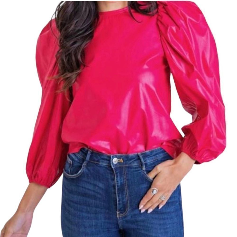 KARLIE Women's Puff Sleeve Faux Leather Top Pink Size Small